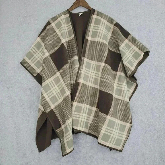 Woolrich Reversible Plaid Poncho Cape One Size Polyester Brown/Green  7CT - Picture 1 of 6